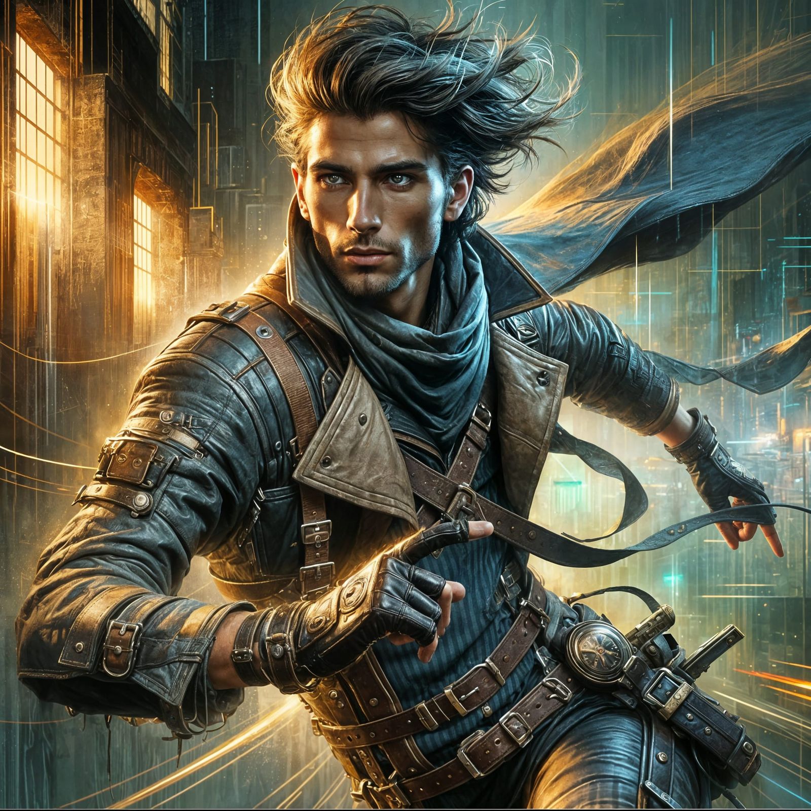 Steampunk Rebel in Neon Cityscape, Digital Art