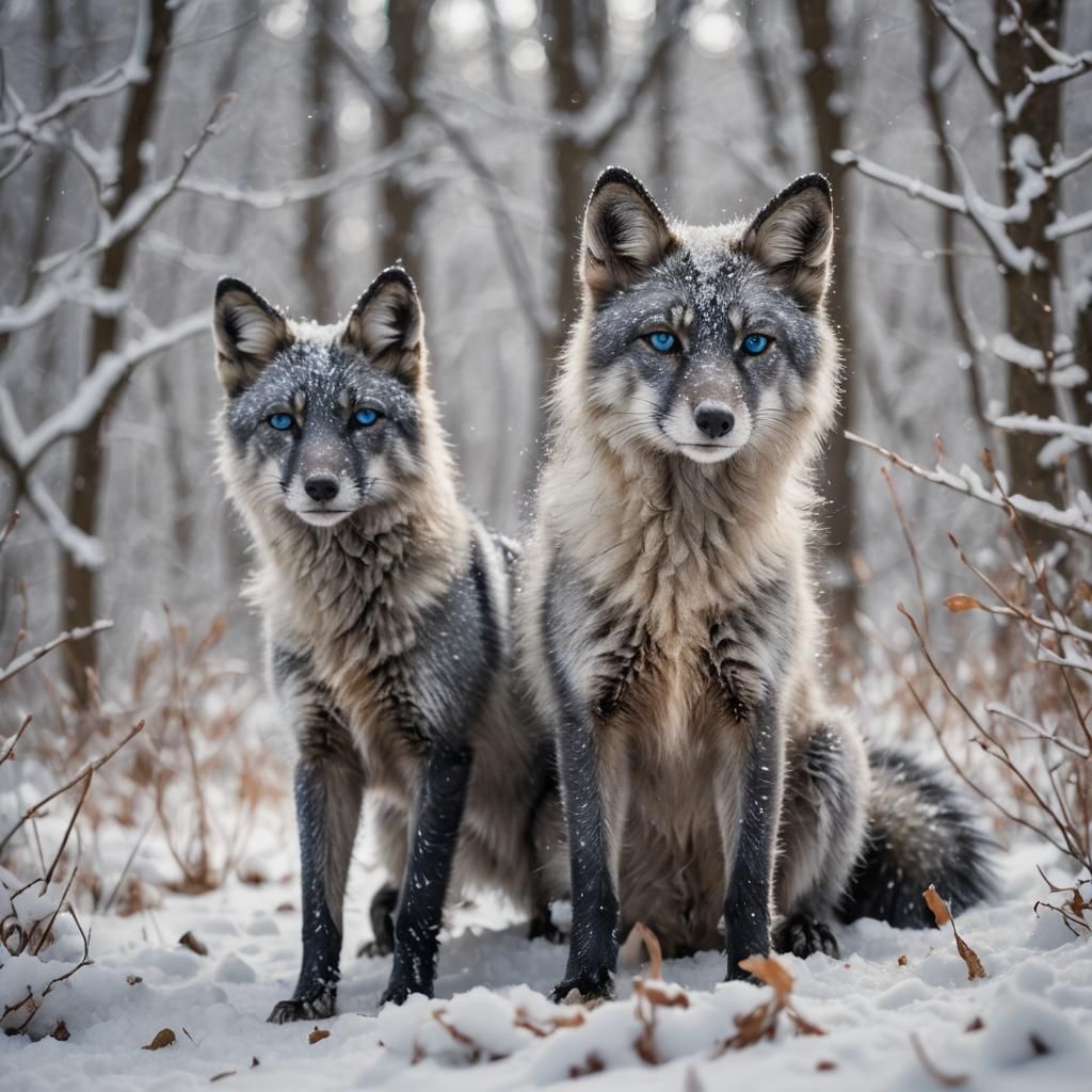 Blue-Eyed Silver Foxes Playing in the Snow