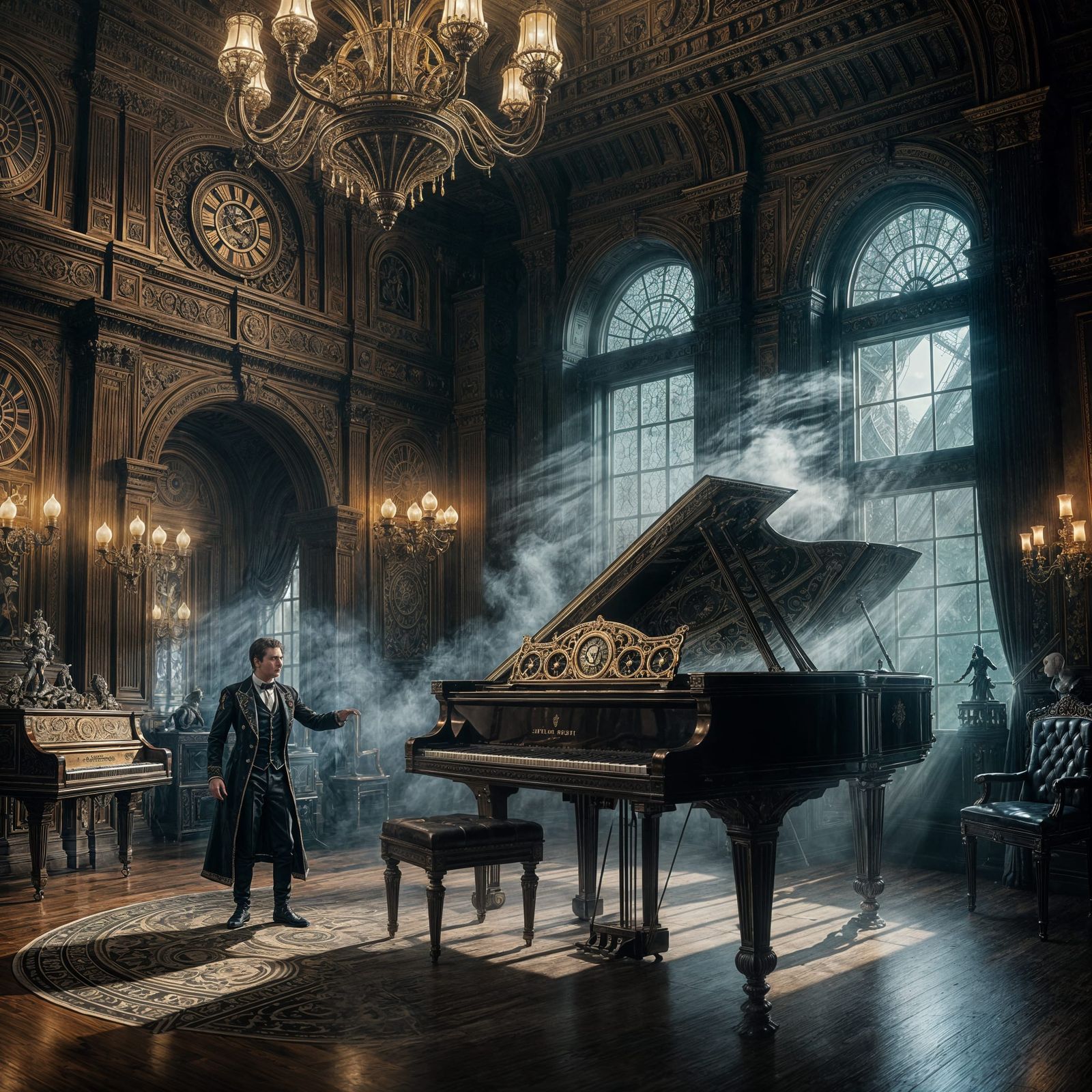 Steampunk Automaton Plays Piano in Gothic Ballroom
