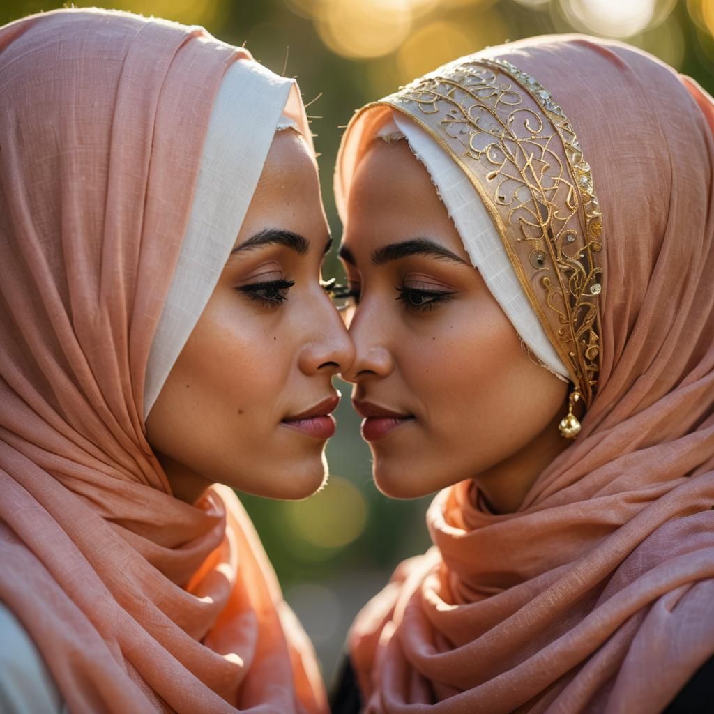 Two Women in Hijabs Kissing: Vibrant Color Photography