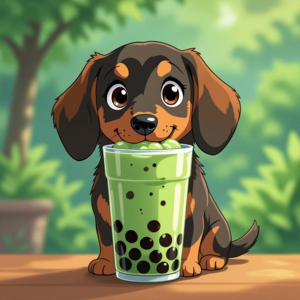 Dachshund Enjoys Matcha Boba in Studio Ghibli Anime Style