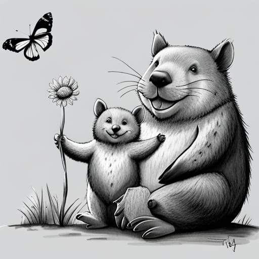Hippie Wombat Family Pencil Sketch