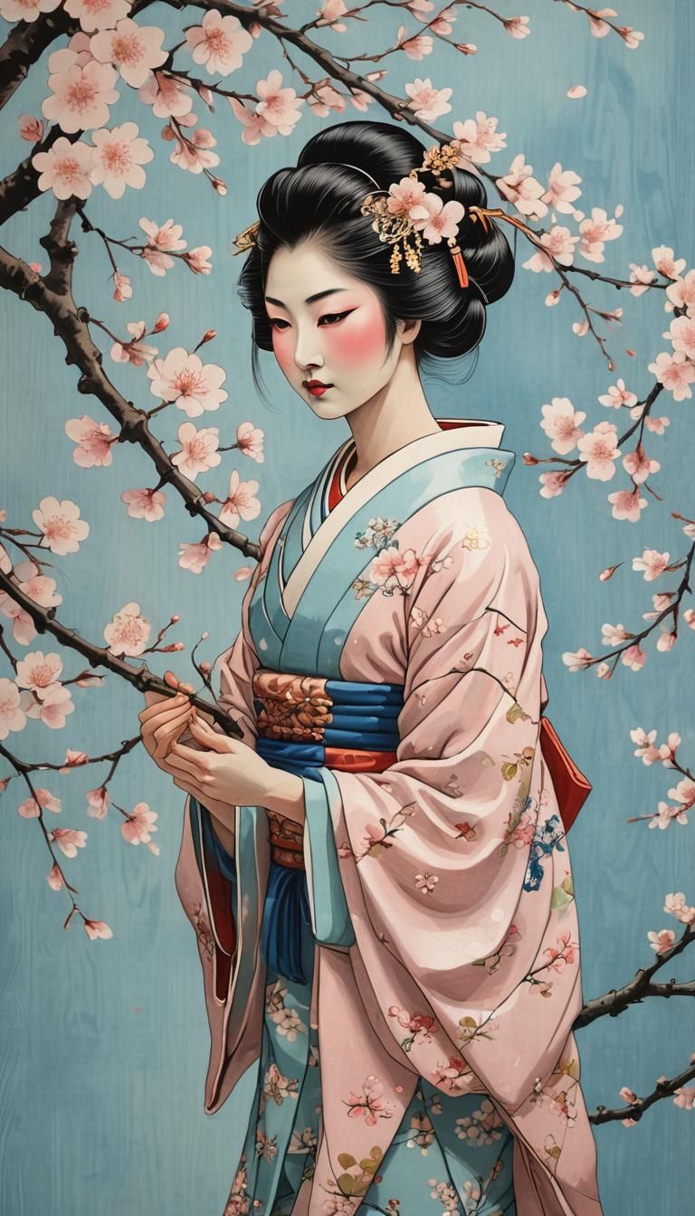 Geisha with Cherry Blossom in Ukiyo-e Style