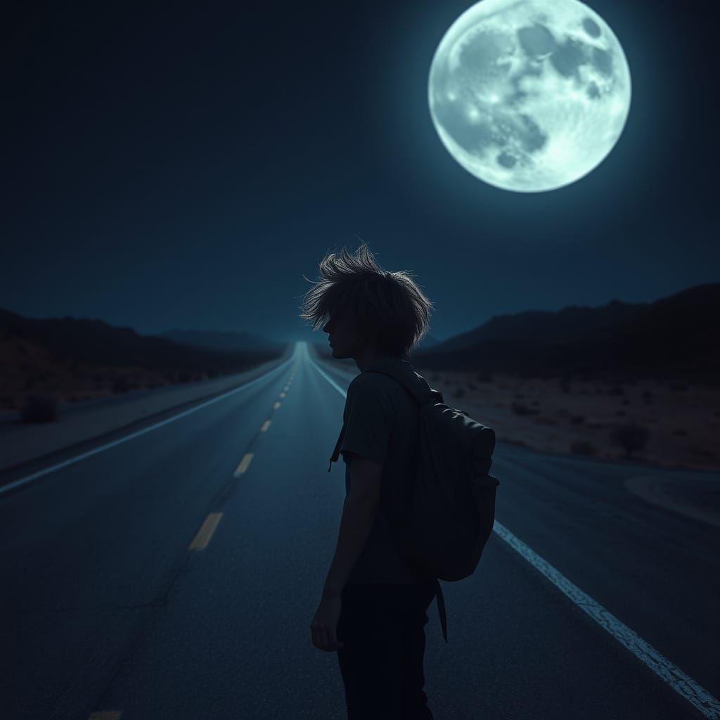 Surreal Traveler Stands on Desert Highway Under Full Moon