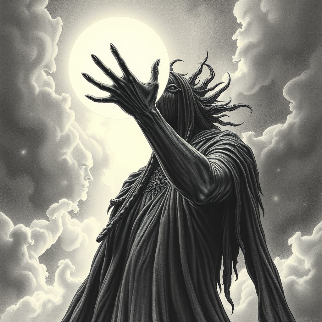 Dark Being Holds Orb: Eldritch Art Nouveau Sketch