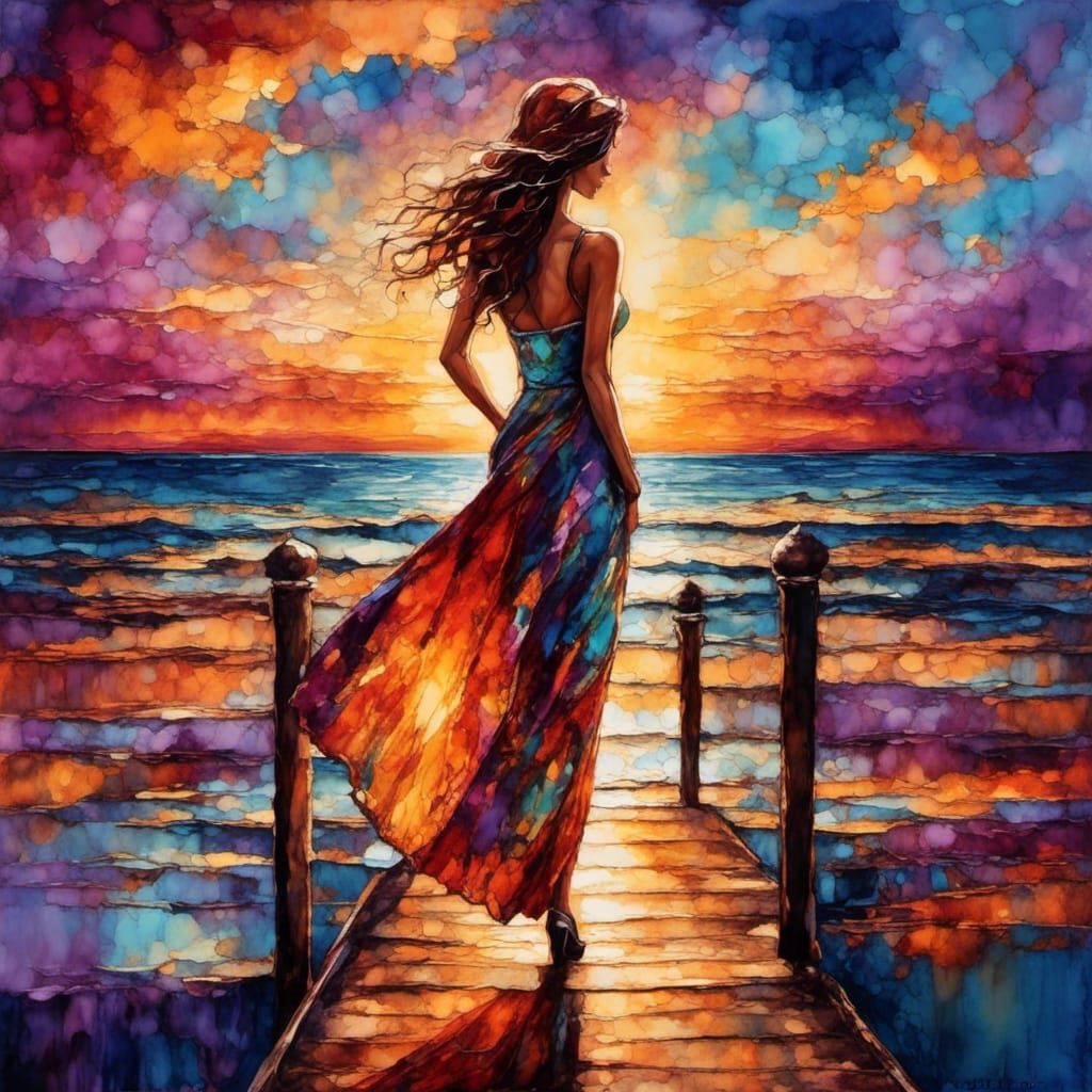 Woman on Pier at Sunset in Digital Art