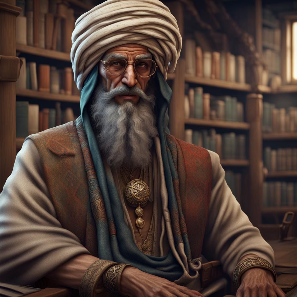Sheikh with Dreadlock Turban in Library, Detailed Digital Ar...