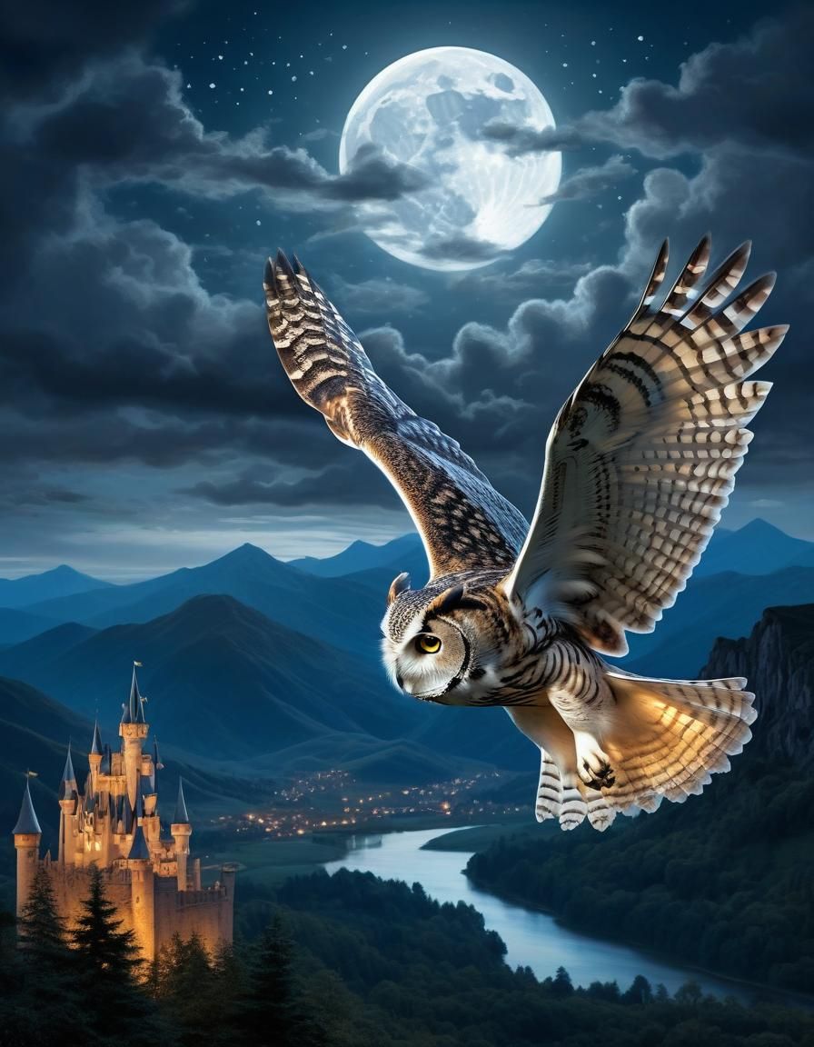 Majestic Owl Soaring Through Enchanting Night Scene