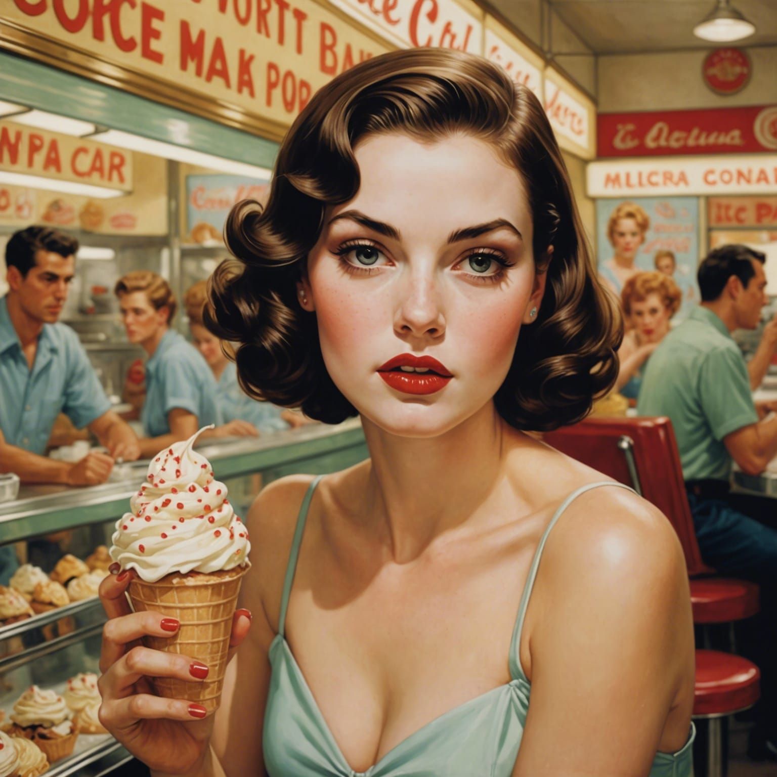 Sorority Girl in Ice Cream Parlor, Pin-Up Style