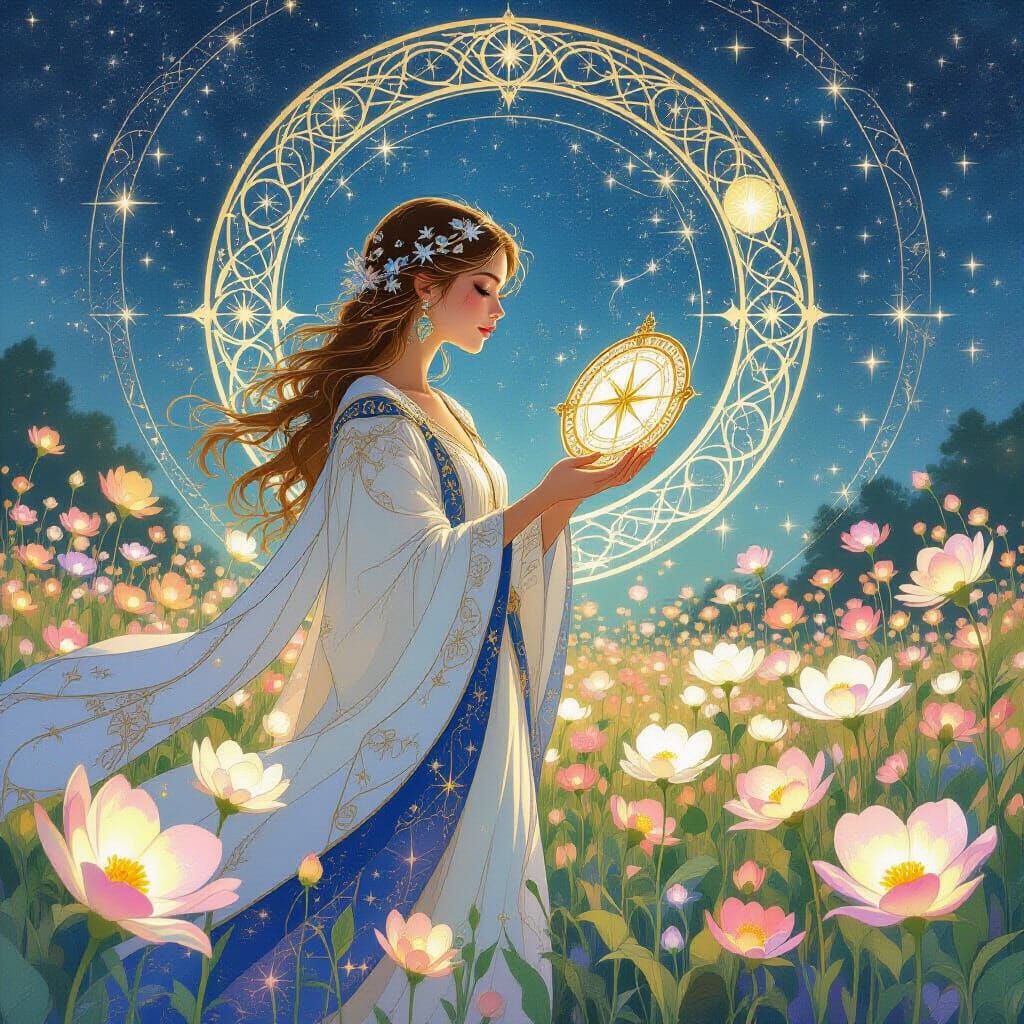 Celestial Cartographer in Star-flower Field, Watercolor Styl...