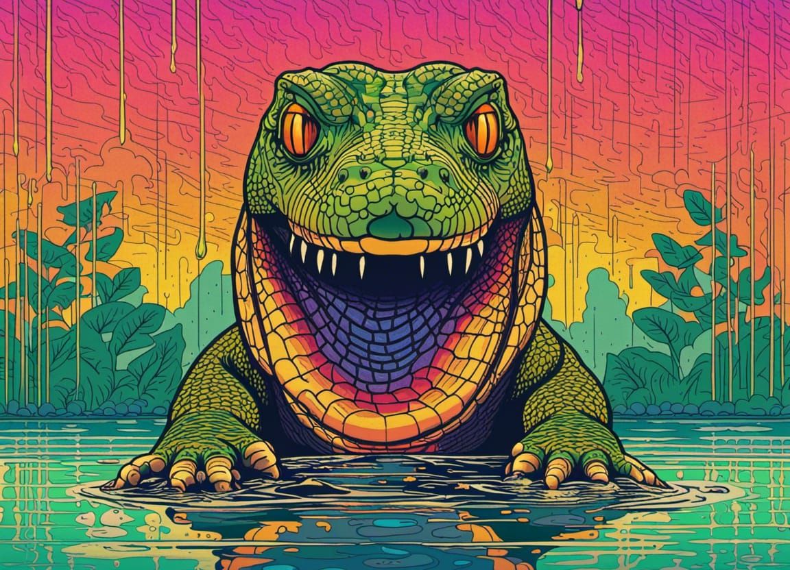 Giant Lizard in Rainforest: Pop Art Screen Print