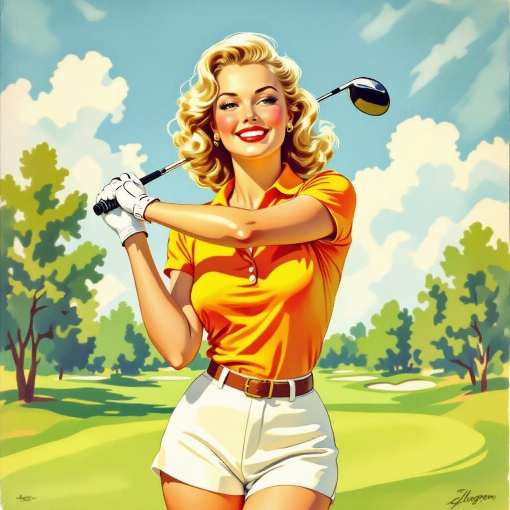 Retro Watercolor: Woman Golfing in Impressionistic Style