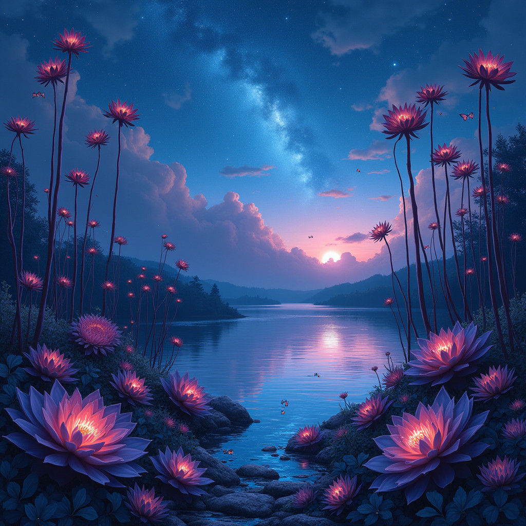 Glowing Succulents Reflecting Starry Night Sky