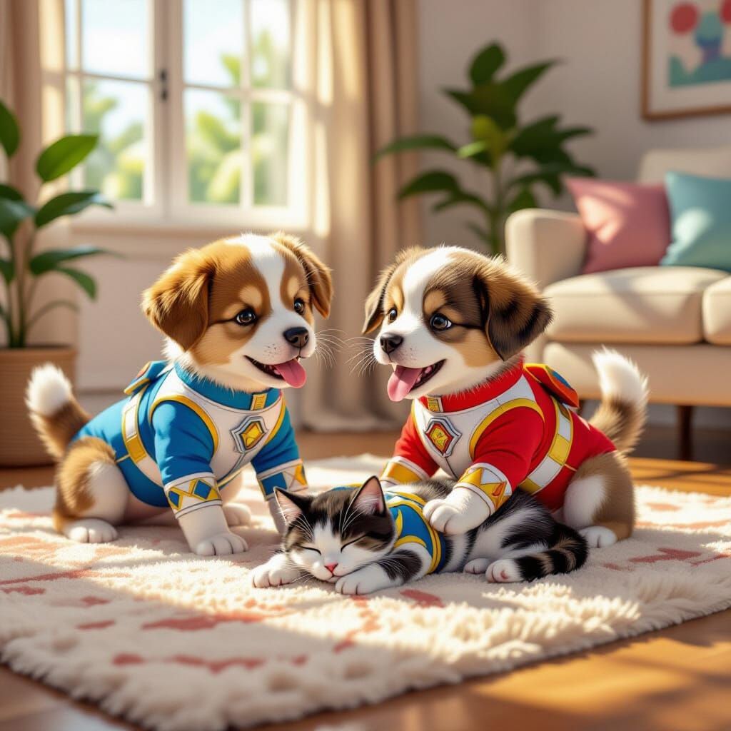 Puppy Power Rangers Wrestle with Cat Ranger