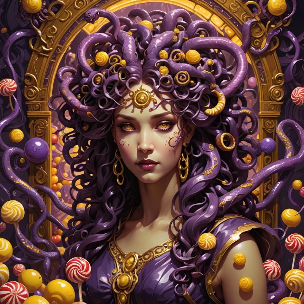Medusa Surrounded by Candy, in Art Nouveau Style