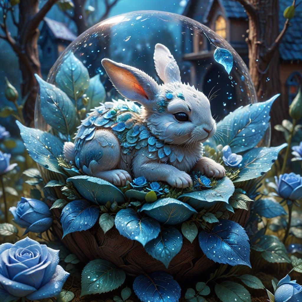 Sleeping Bunny in Giant Blue Rose Bud Illustration