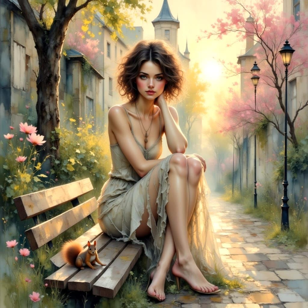 Beautiful Model with Squirrel, Hyperrealistic Art Nouveau St...