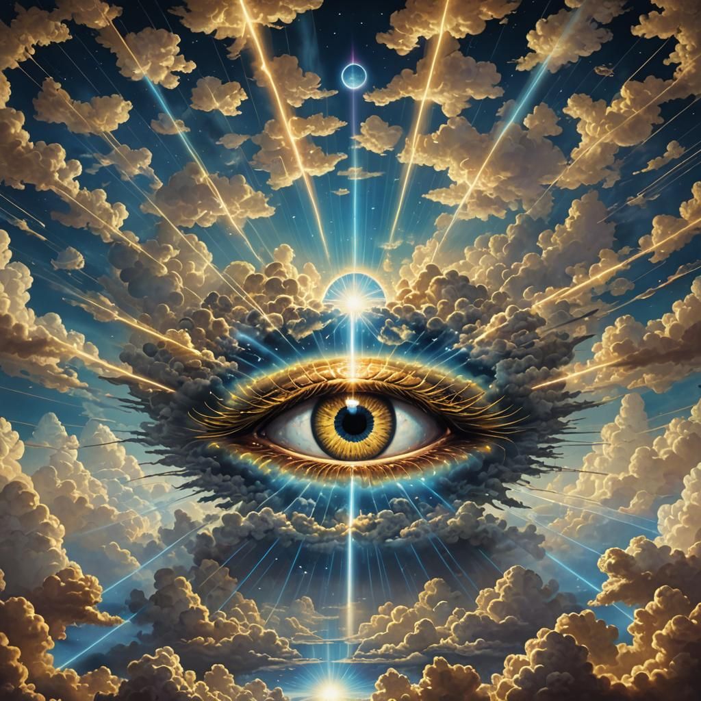 Astral Rave: Eyes, Clouds, and Golden Lasers