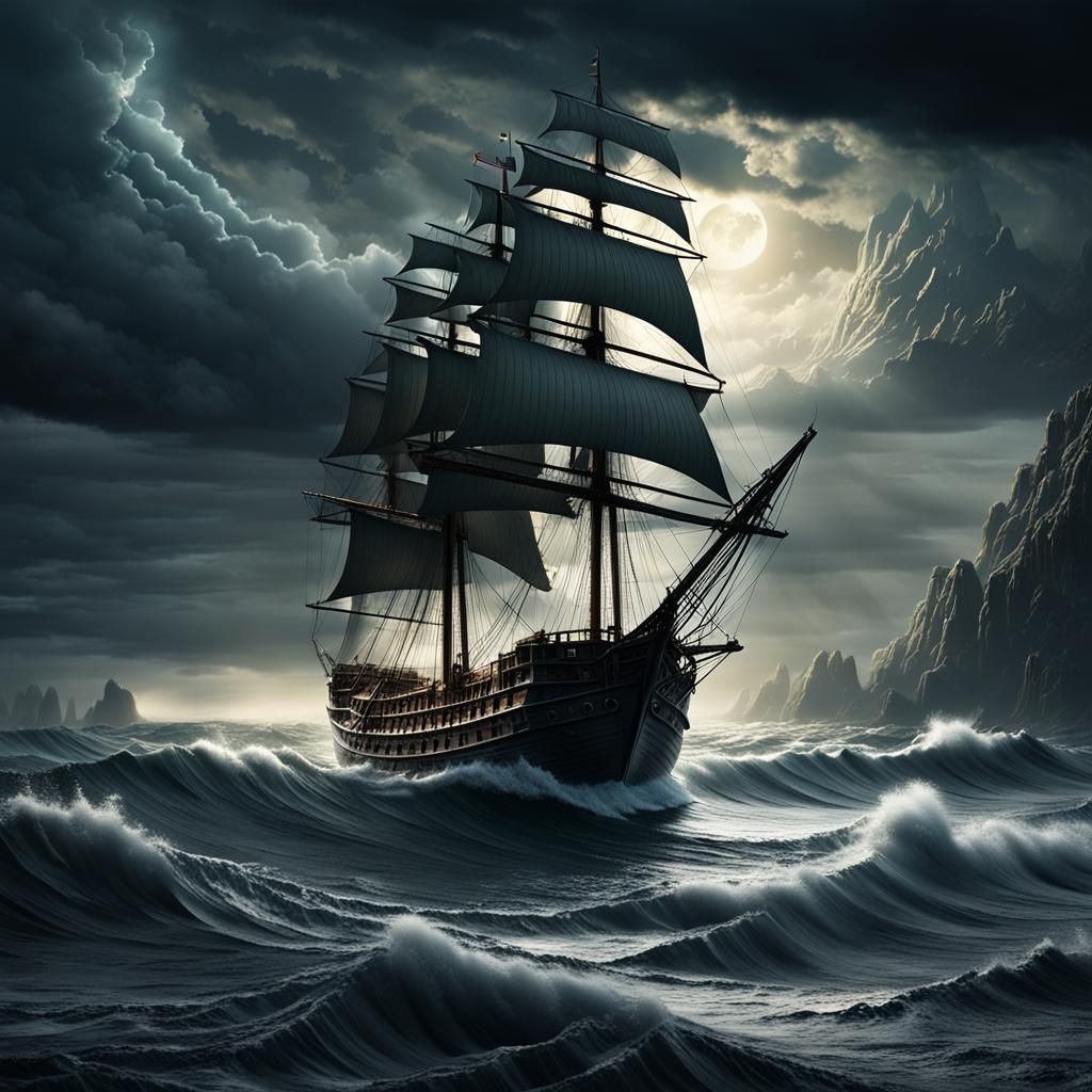 Ancient Sailboat on Rough Sea: Digital Matte Painting