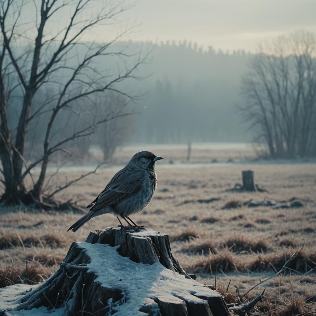 Frozen Bird on Stump: Cinematic Film Still