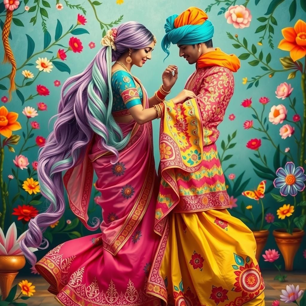 Bollywood Couple Dancing in a Maximalist Garden