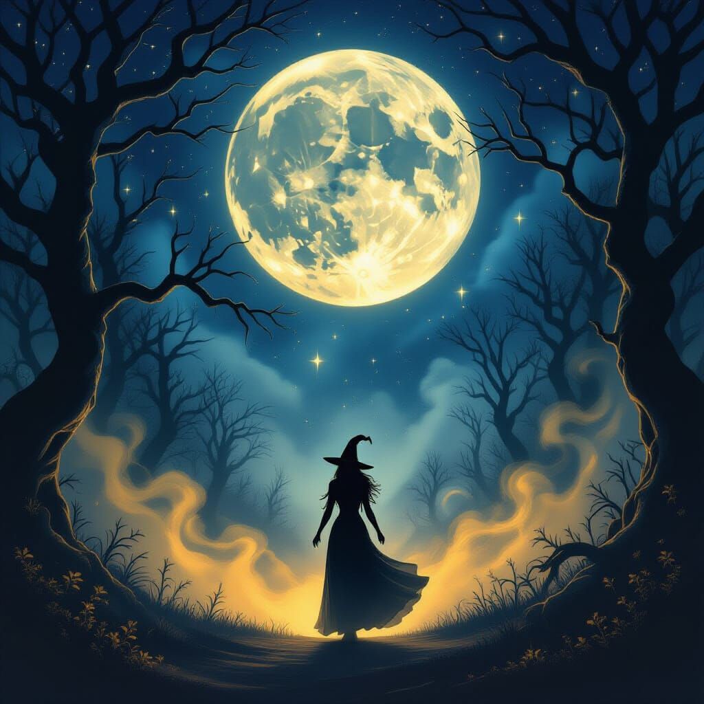 Witch Beneath Moonlight With Celestial Goddess and Dancer
