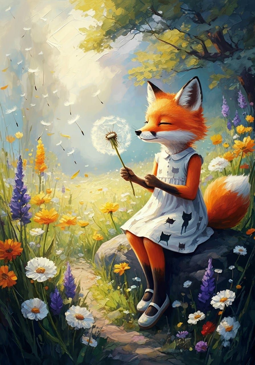 Anthropomorphic Fox Girl in a Wildflower Meadow as Impasto P...