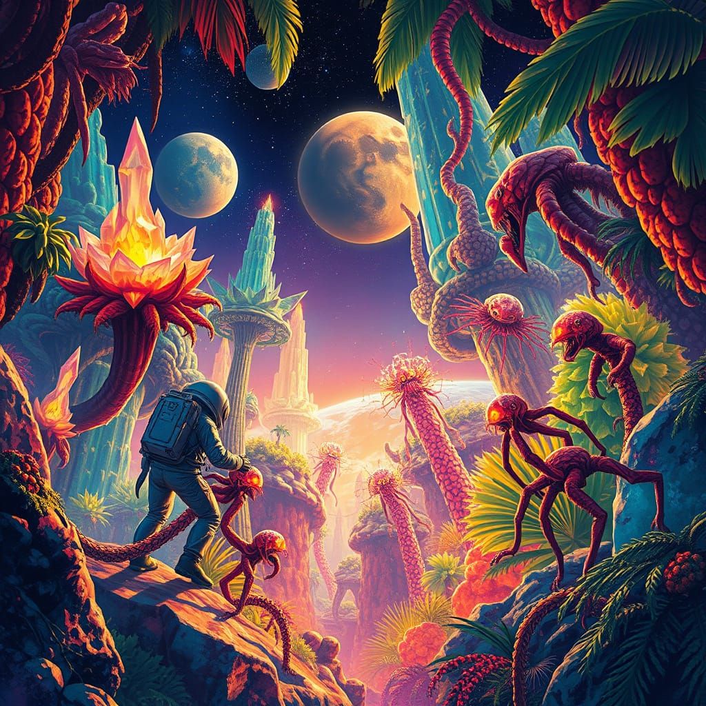 Astronaut Explores Alien Jungle with Pulsating Flora