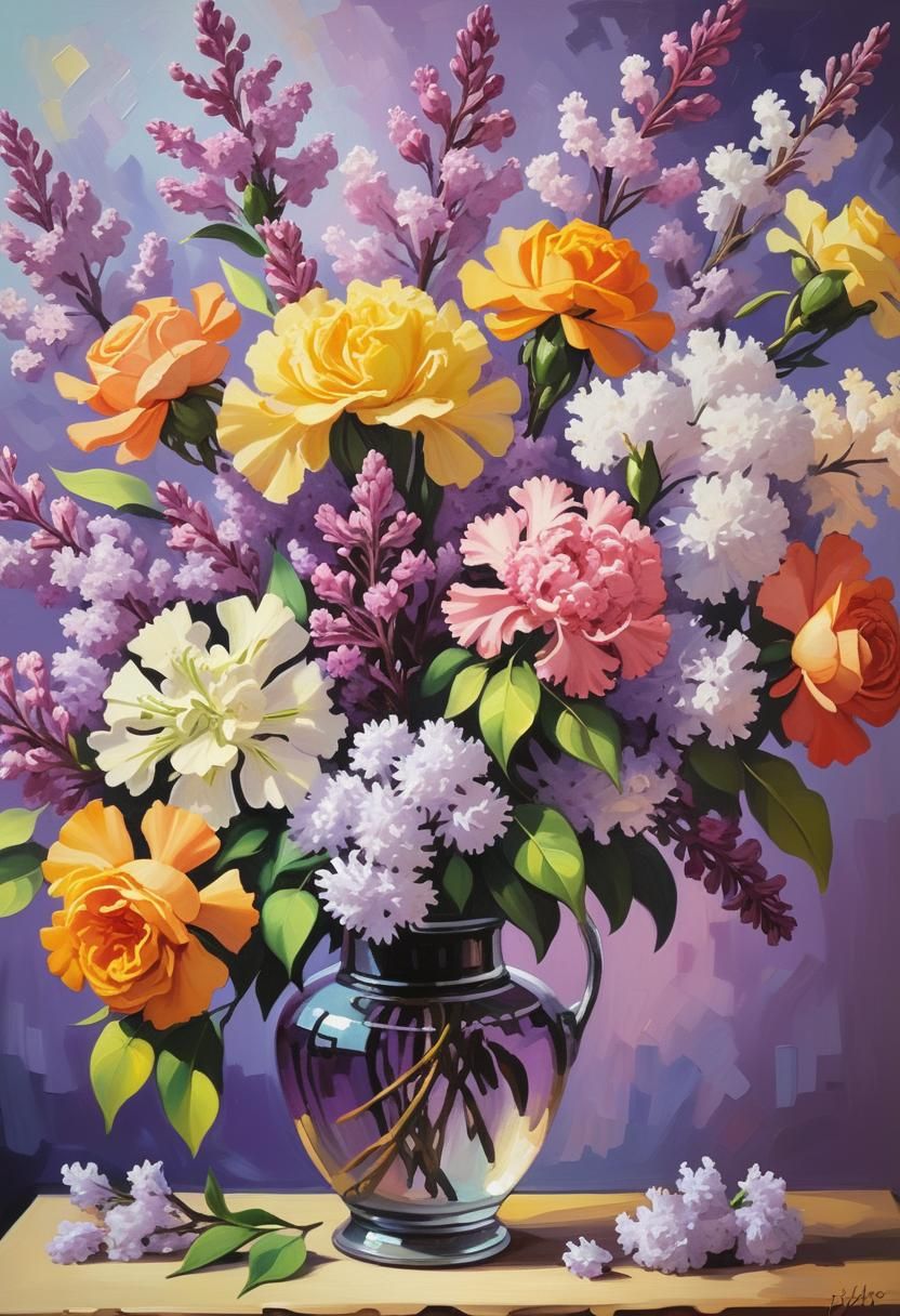 Beautiful still life of lilacs, roses, azaleas, carnations, yellow pink, purple, 
orange  painting natural art deco, exp...