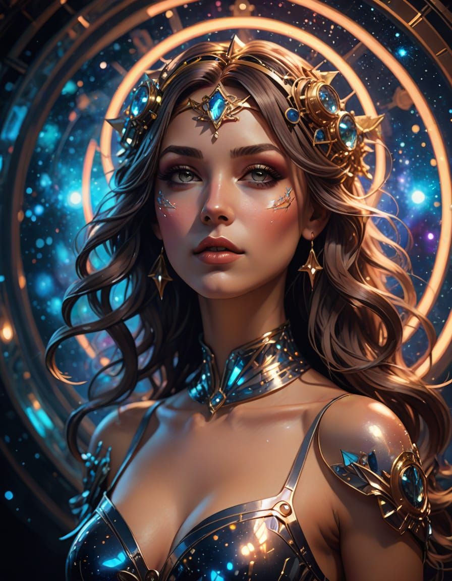 beautiful nurse in outer space wearing tight skimpy latex dress with stylish cutouts, long fancy styled hair, makeup and...