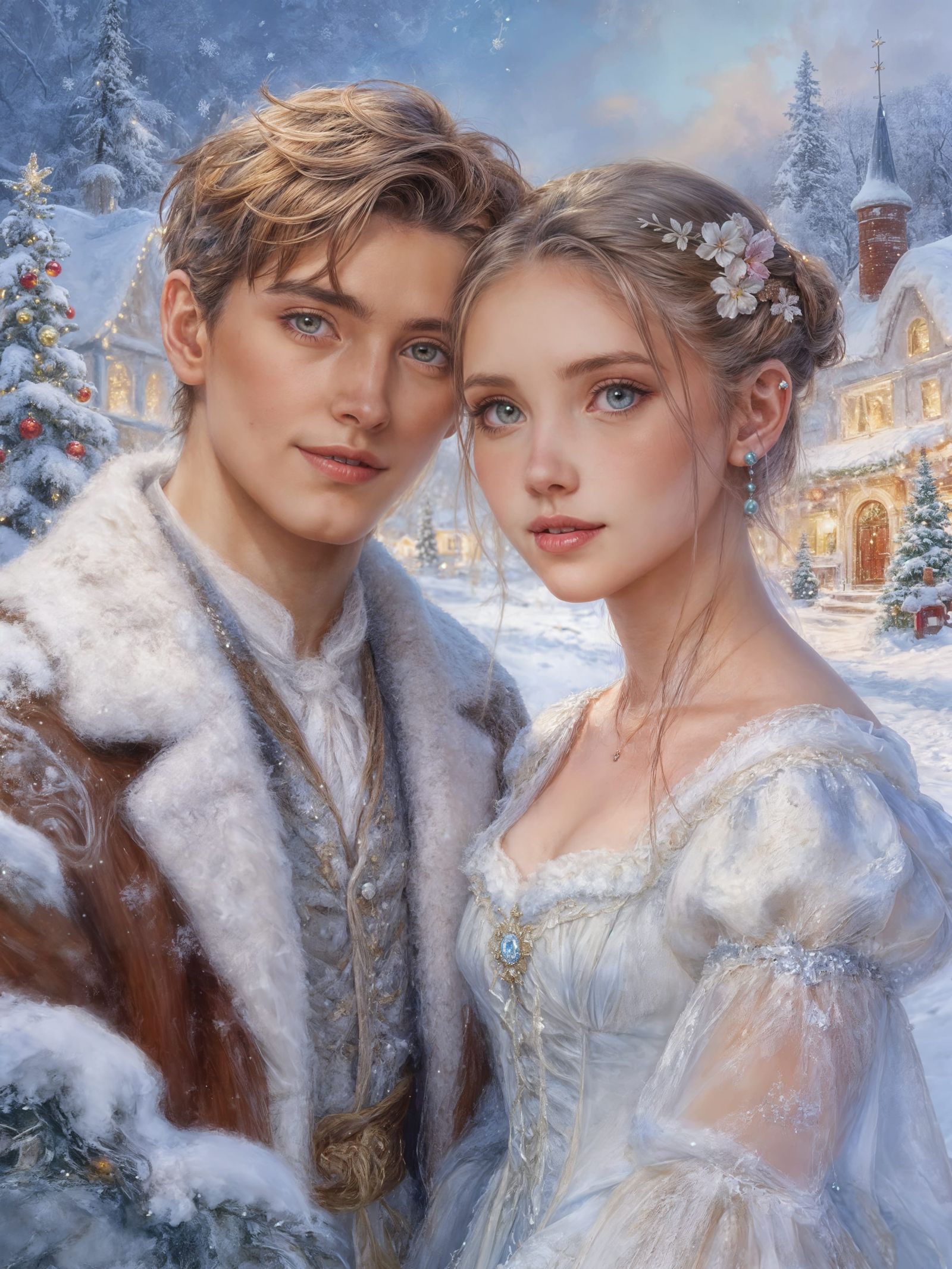 Couple in Winter Wonderland Oil Painting