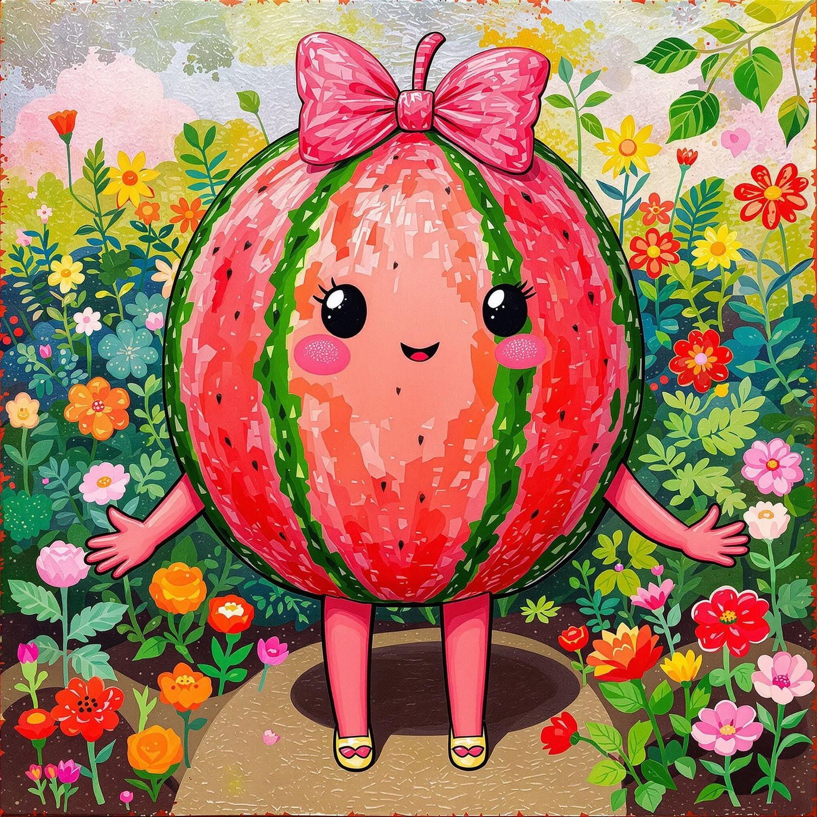 Kawaii Watermelon Woman in Garden, Impasto Acrylic Painting