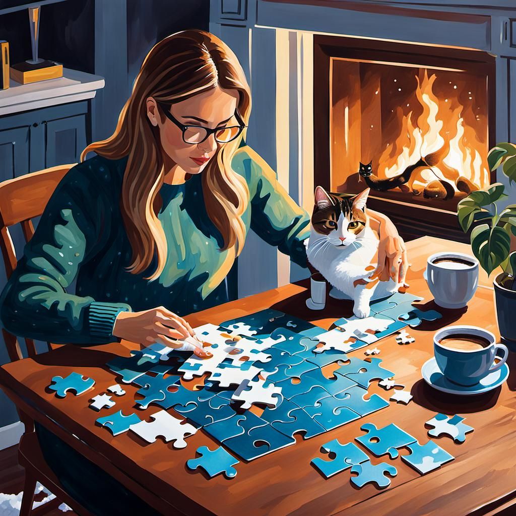 Cozy Night: Girl and Cat Doing Puzzle