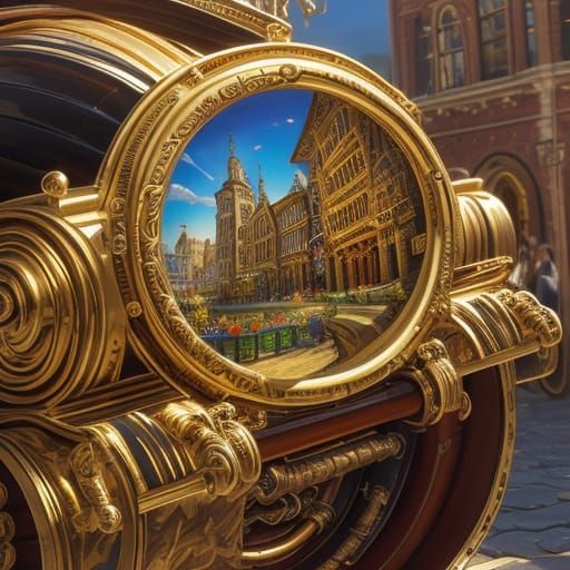 Ornate Barrel Organ in Vibrant Cityscape, Impressionist Digi...