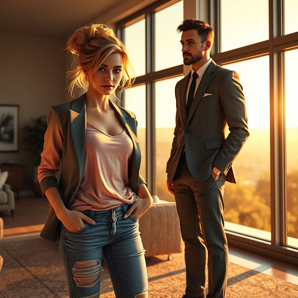 Elegant Blonde and Suited Man in Sumptuous Living Room
