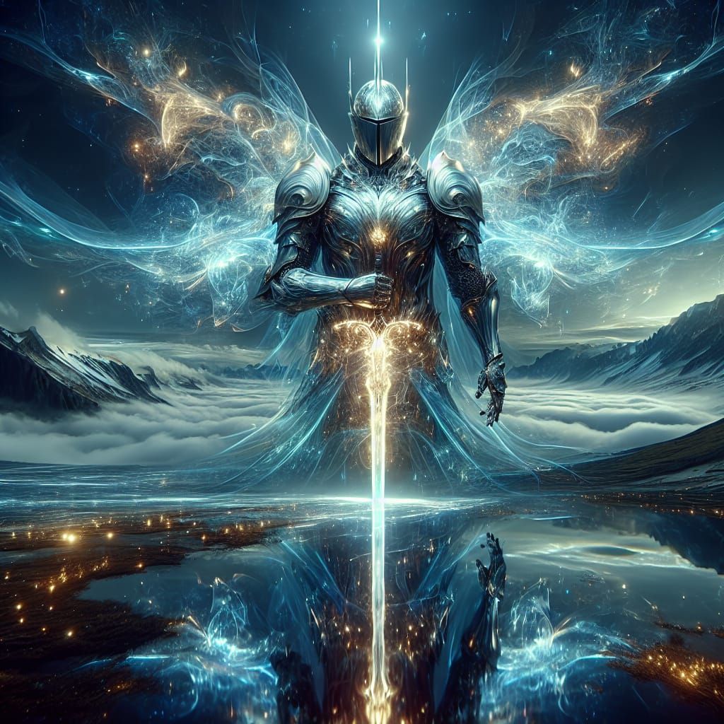 Knight in Luminous Armor on Windswept Plateau