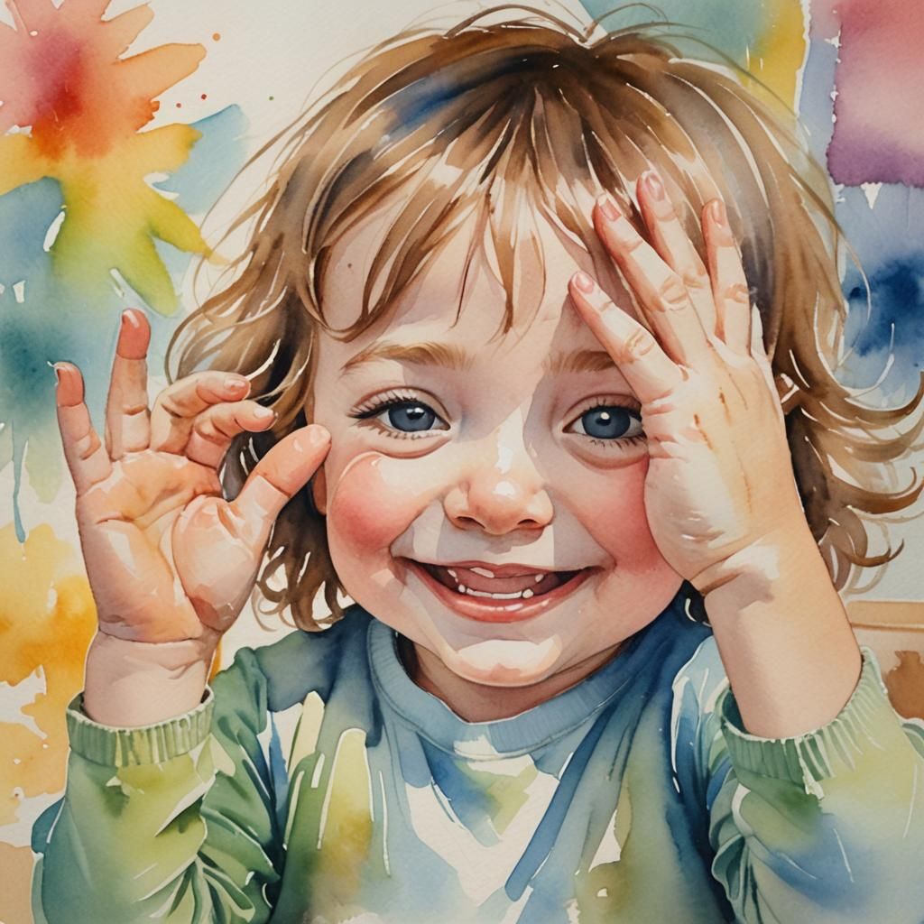 Smiling Toddler Peeks Through Fingers in Watercolor