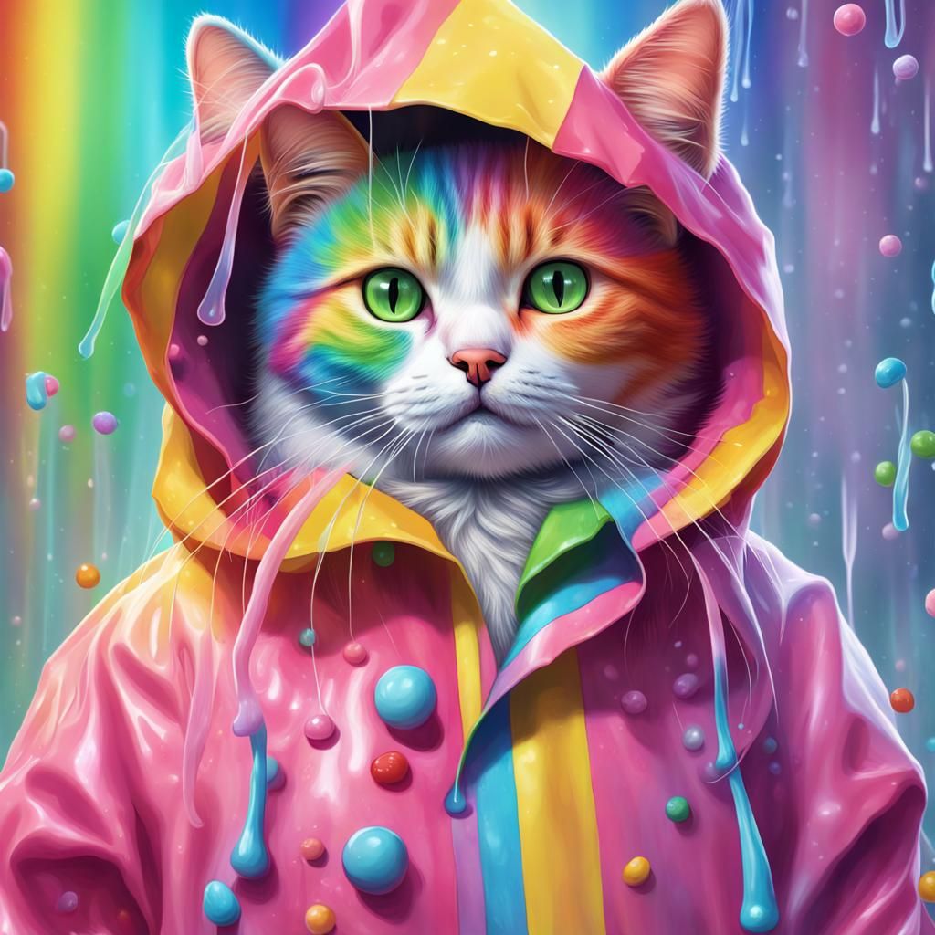 Rainbow Cat in Raincoat: Candy Art Illustration