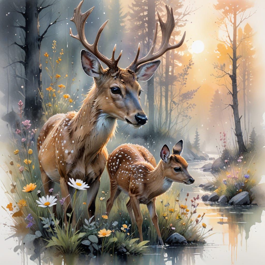 Fawn Deer in Dew-Kissed Meadow, Impressionistic Style