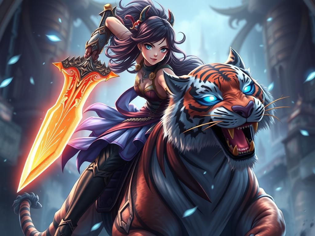 Valiant Woman Riding Tiger in RPG Style