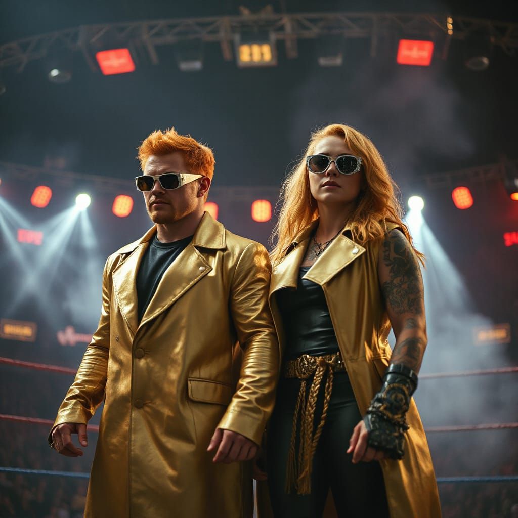 Victorious Wrestlers in Dystopian Arena, Cinematic Style