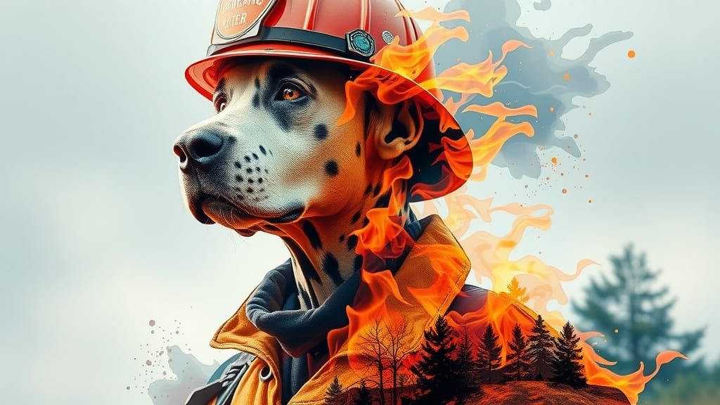 Double Exposure Watercolour Firefighter and Dalmatian Portra...