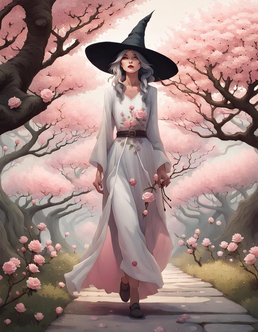 Silver Haired Witch in Sakura Garden