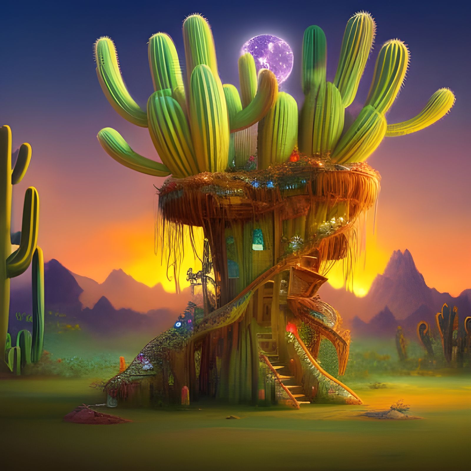 Enchanted Cactus Treehouse in Desert Sunset