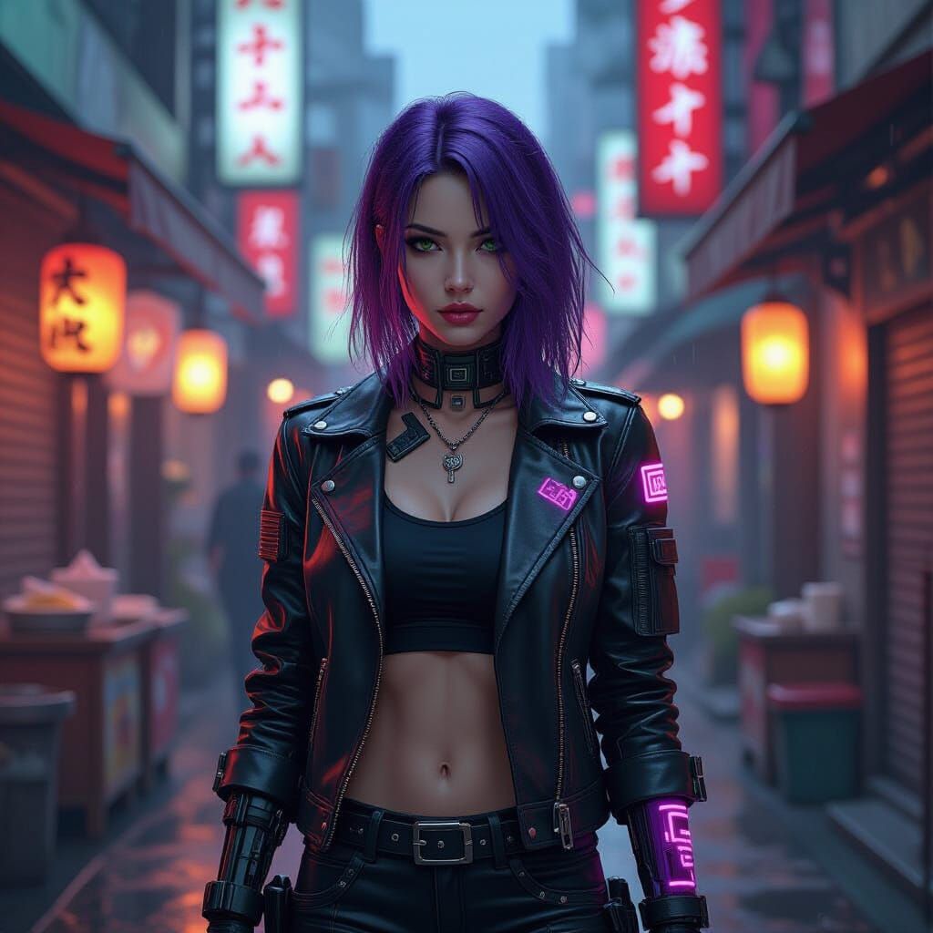 Cyberpunk Woman in Tokyo Alleyway with Neon Lights