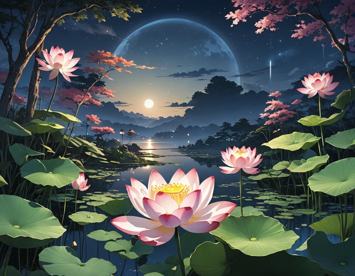 Blooming Lotus Flower at Night in Anime Style