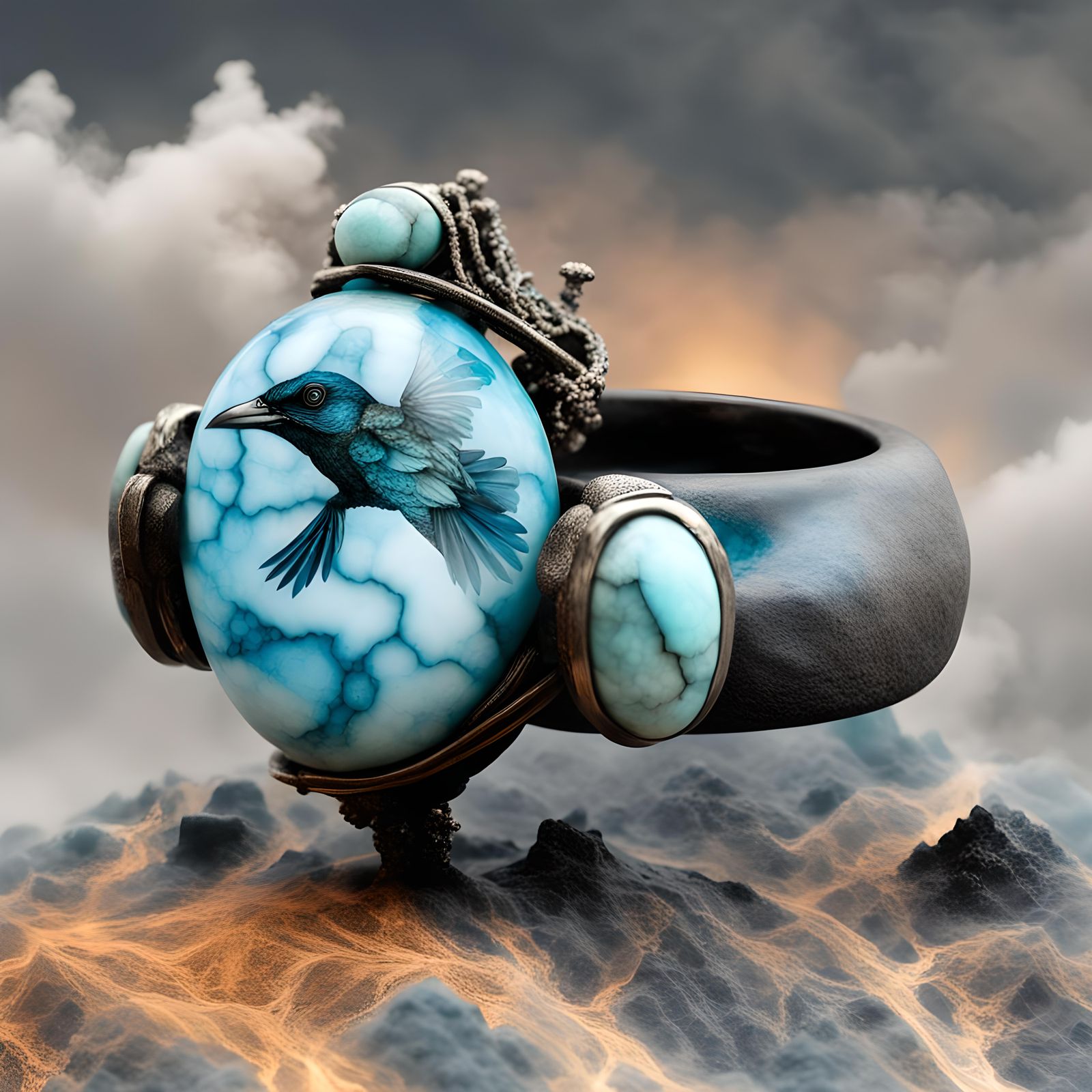 Fractal Larimar Volcano with Industrial Birds