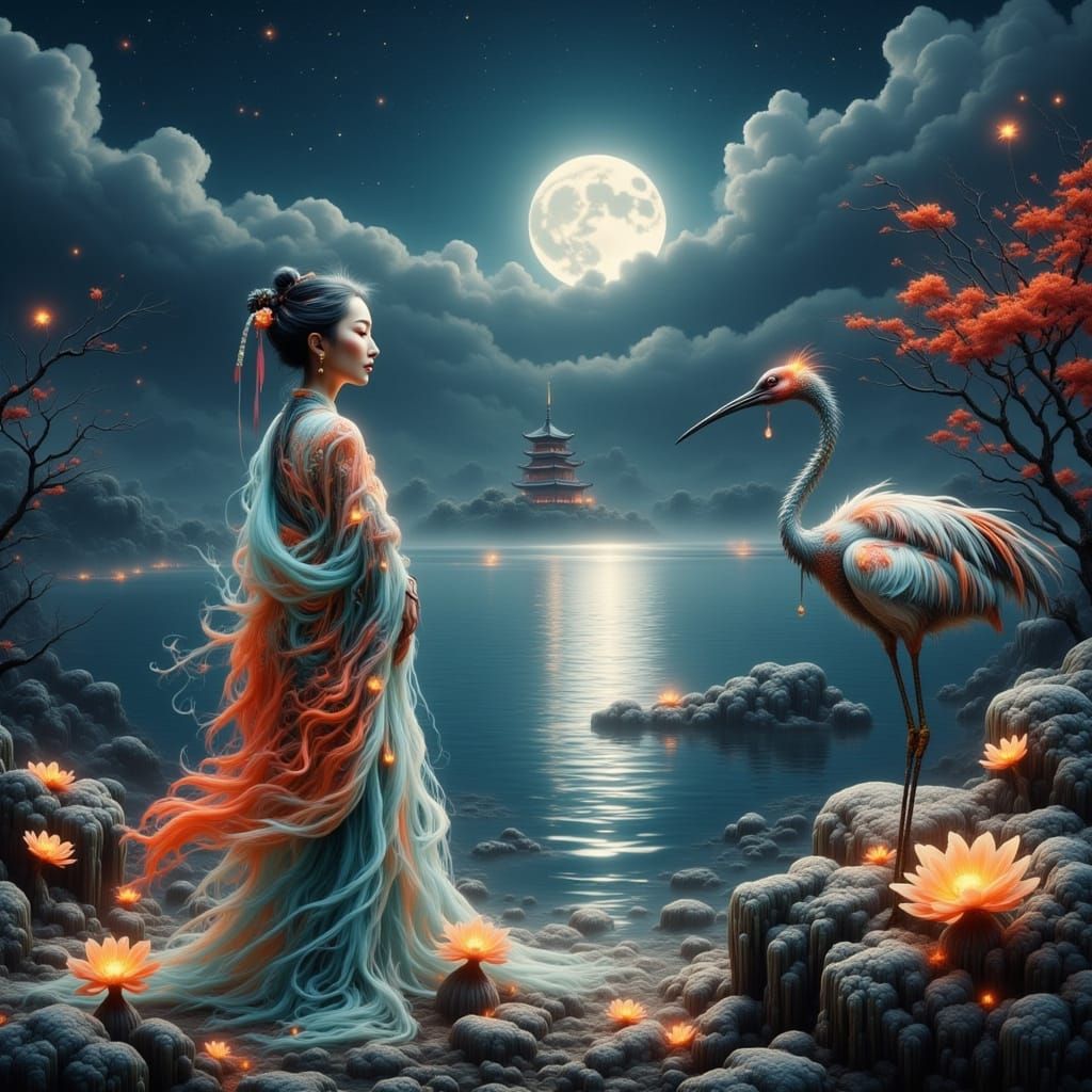 Elderly Asian Woman with Crane by Moonlit Lake
