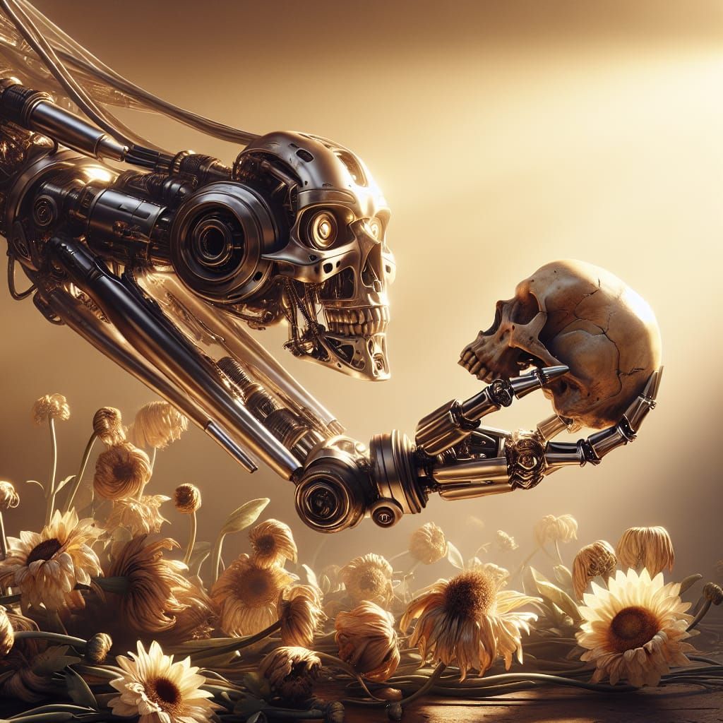 Robotic Arm with Skull in Hyperrealistic Style