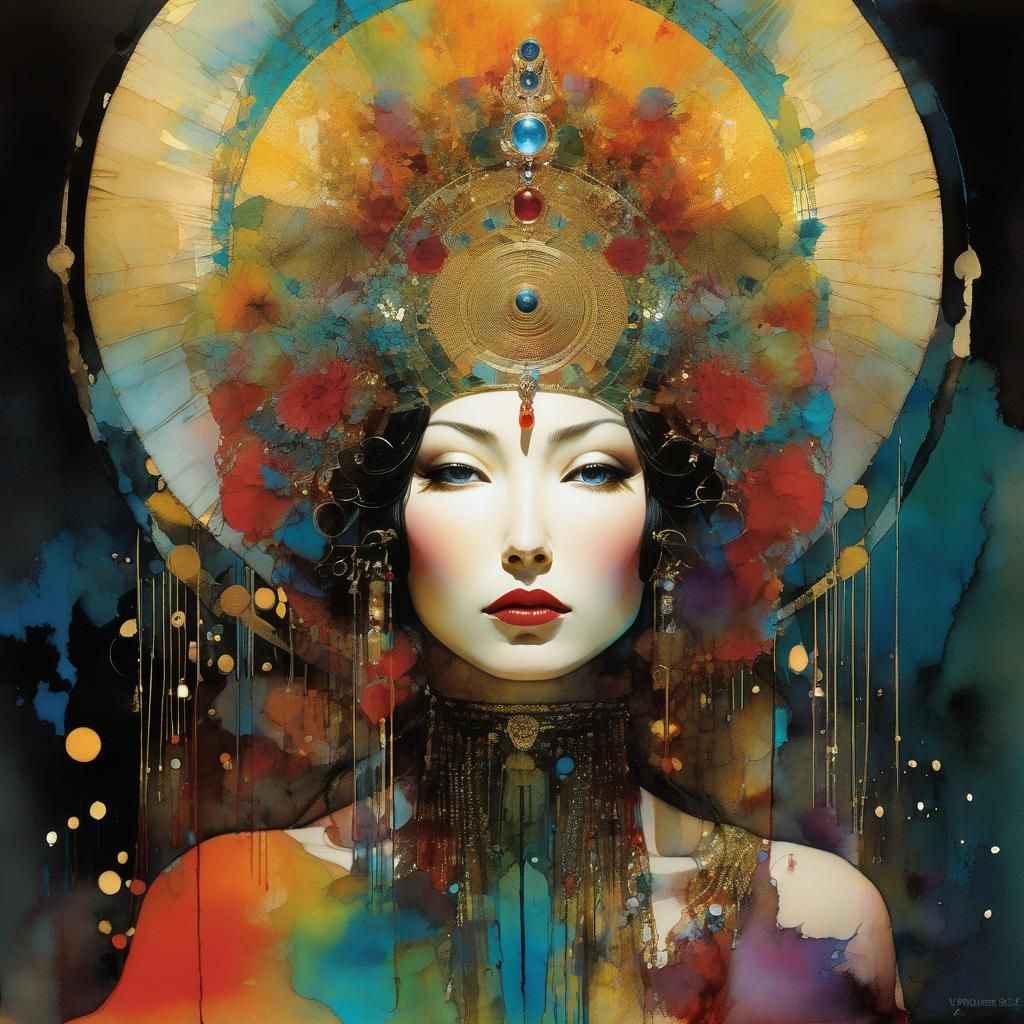 Goddess on Throne in Liquid Ink and Watercolor Style